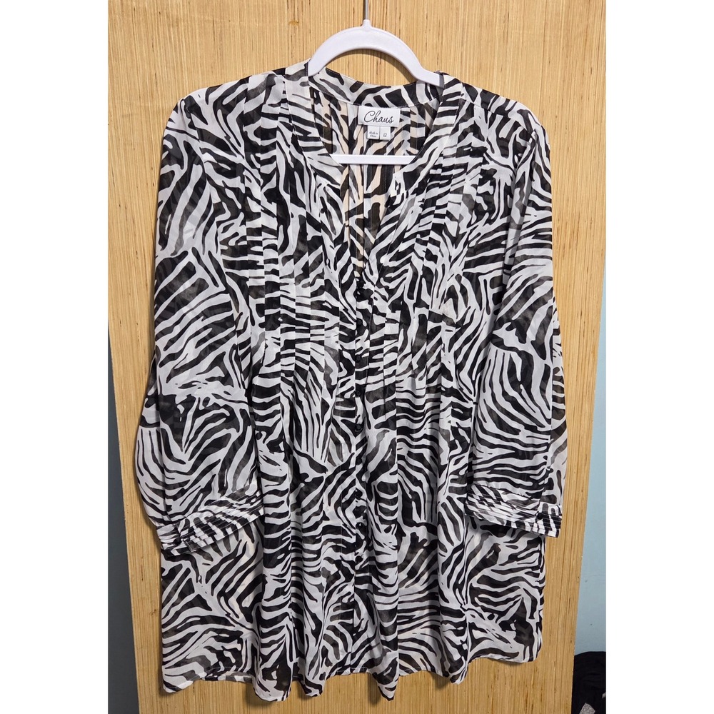 Chaus Zebra Print Pintuck Tunic Top Black White Animal Blouse Size 12